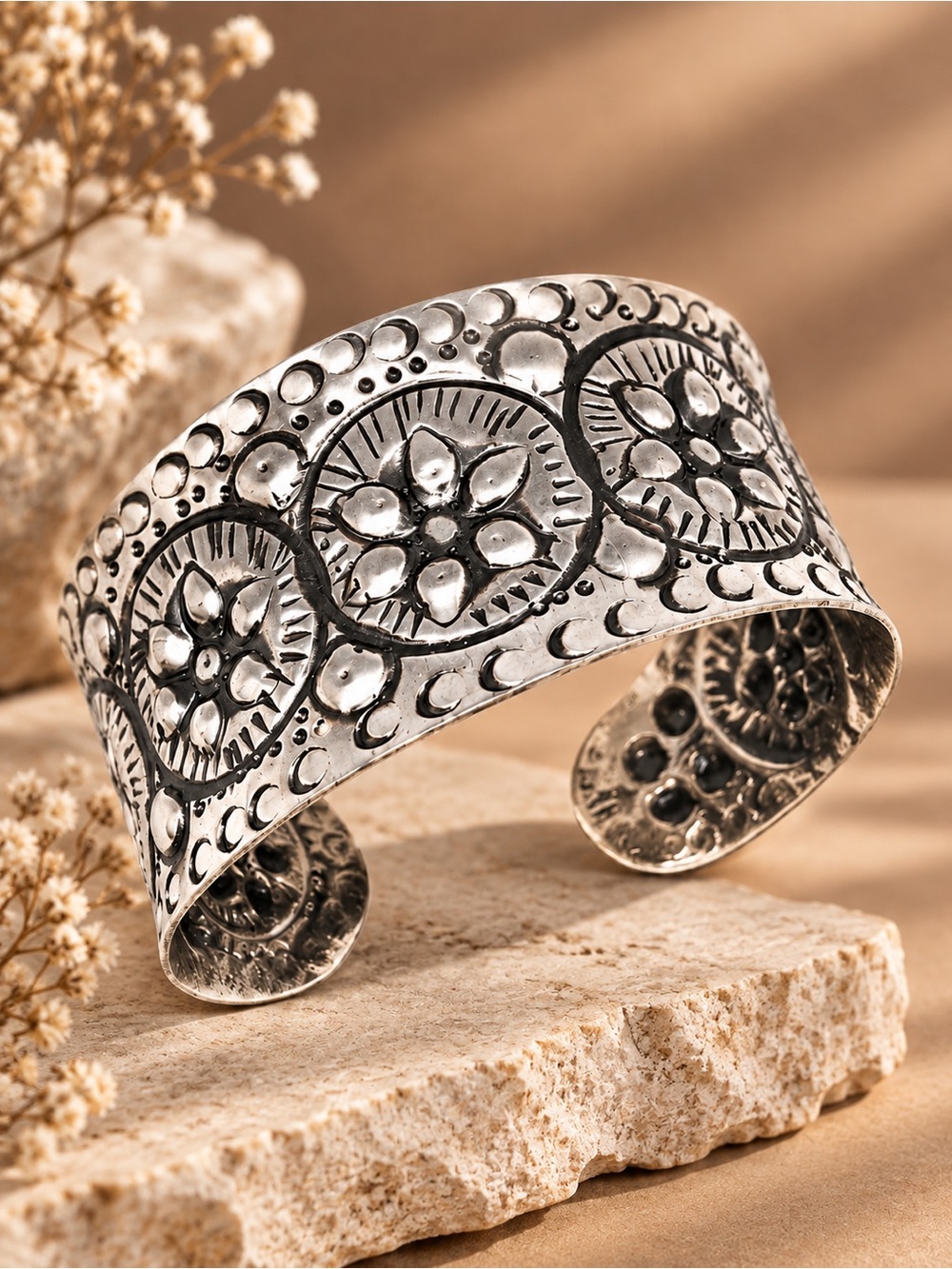 Embossed Floral Stamped Open Cuff Statement Bracelet Silver Tone